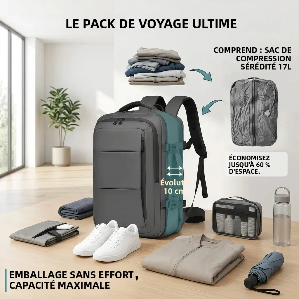 sac a dos compression vide expansible 20l a 35l etanche oxford enduit tpu polyester anti-rayures voyage ordinateur homme affaires randonnee scolaire daypack poche separation humide sec bretelles 15.6 pouces noir