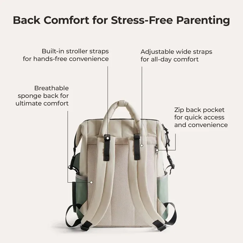 sac dos polyester beige accents verts poches multiples grande capacité maternité sorties mains libres bébé ordinateur portable