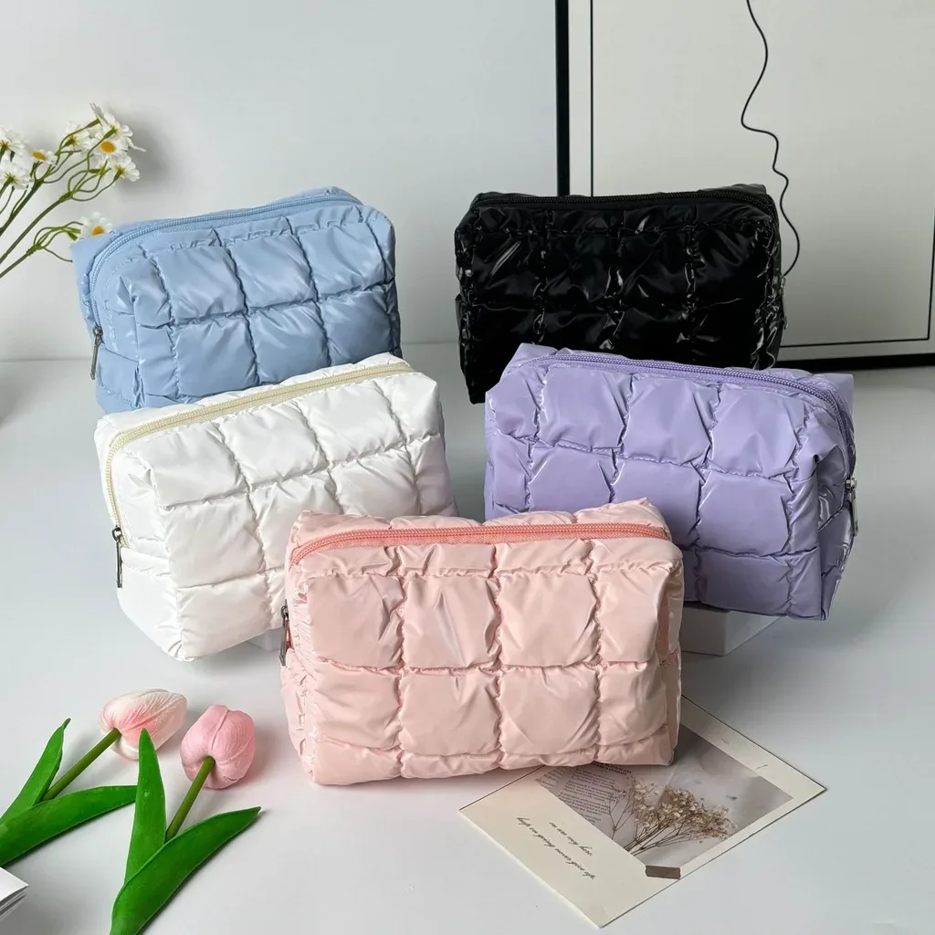 trousse de maquillage matelassée en coton doux et mignon, grande trousse de toilette à fermeture éclair, organiseur de cosmétiques rembourré pour femmes