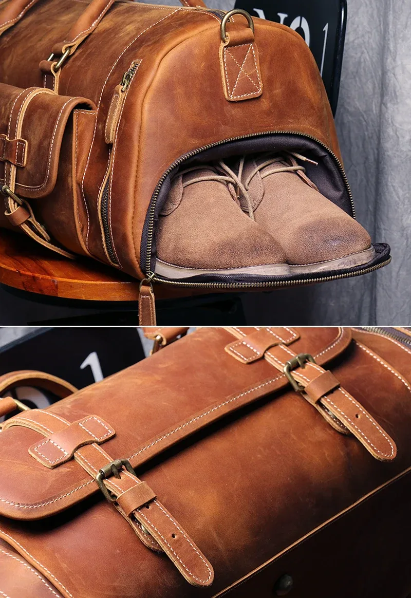munuki sac de voyage vintage en cuir véritable crazy horse, grand sac à bagages, sac de week-end en cuir pour homme, grand sac fourre-tout m107