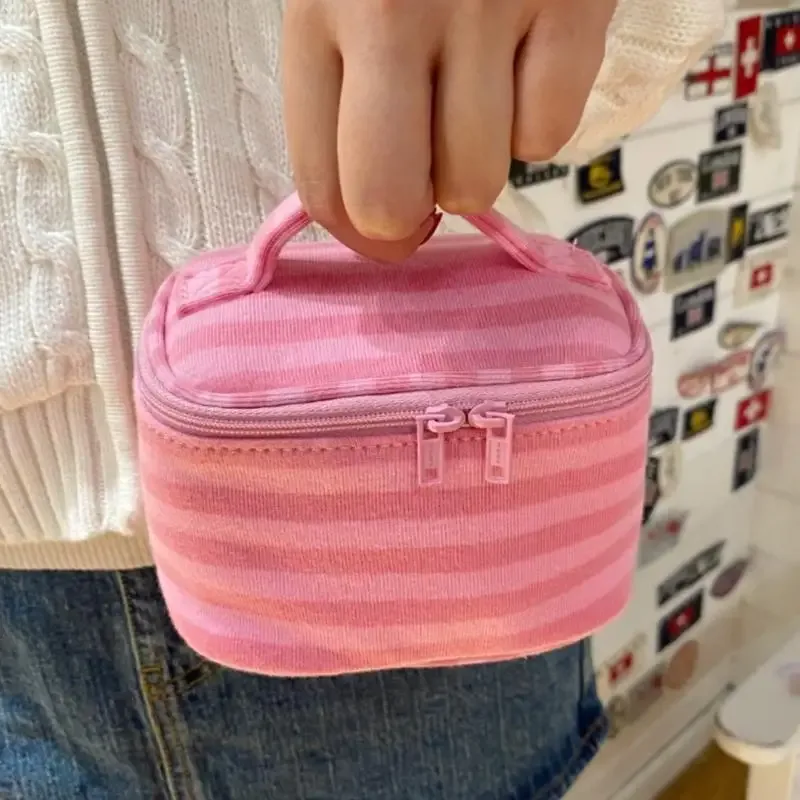 trousse de maquillage rose rayée avec miroir et fermeture éclair, sac de voyage portable pour femmes, organisateur cosmétique mignon et adorable, pochette de toilette
