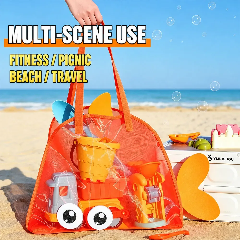 sac de plage en maille à motif de dessin animé, grande capacité, pliable, sac de rangement pour jouets de sable, sac de piscine léger pour la plage, les voyages et le camping