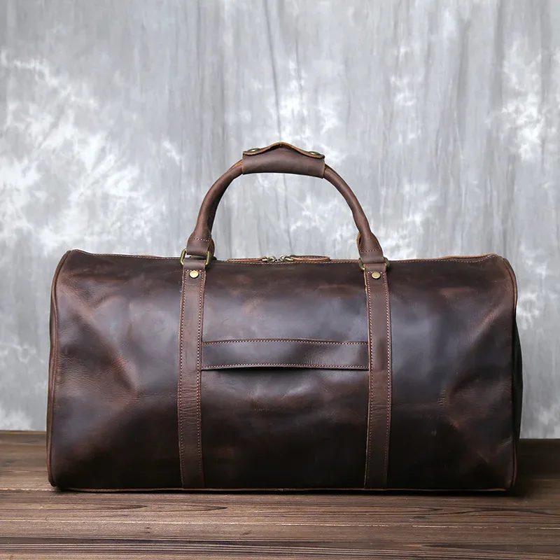 sac de voyage vintage en cuir véritable pour hommes, grande capacité, bandoulière horizontale en cuir de cheval fou, valise portable