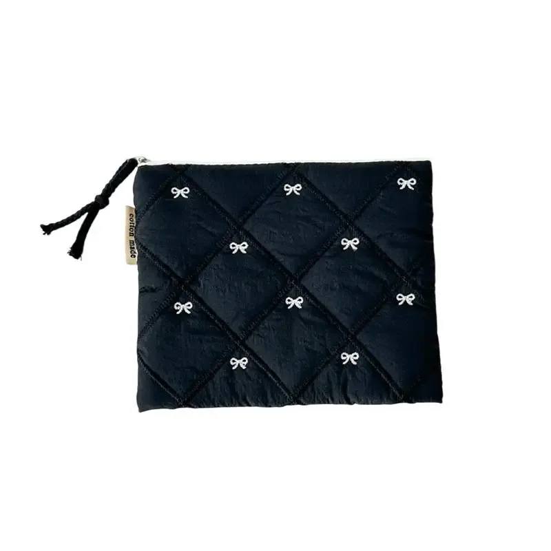 pochette à cosmétiques matelassée avec nœud brodé, grande capacité, sac à papeterie multifonctionnel, trousse à stylos
