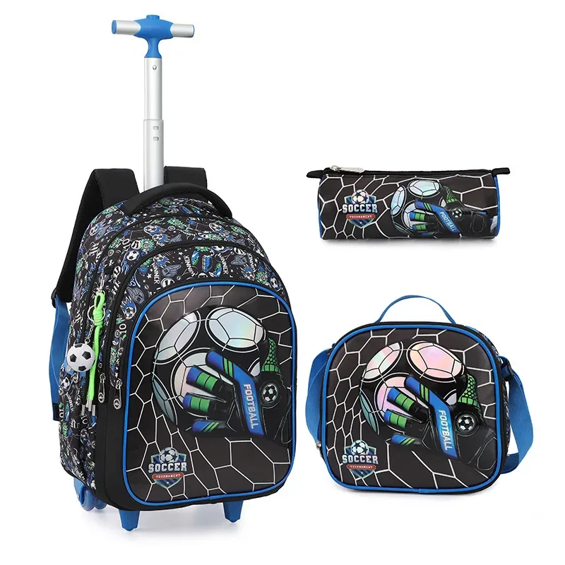valise sacdos polyester motiffootball chaussuressport bleu roulettes facilitetransport setecolier crayoncase lunchbox thèmefootball usagevoyage scolaire