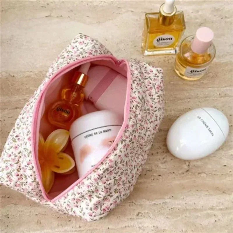 organisateur de rangement, sac de maquillage matelassé bouffant à fleurs, pochette à cosmétiques imprimée de fleurs, grand sac à cosmétiques de voyage, accessoire de maquillage
