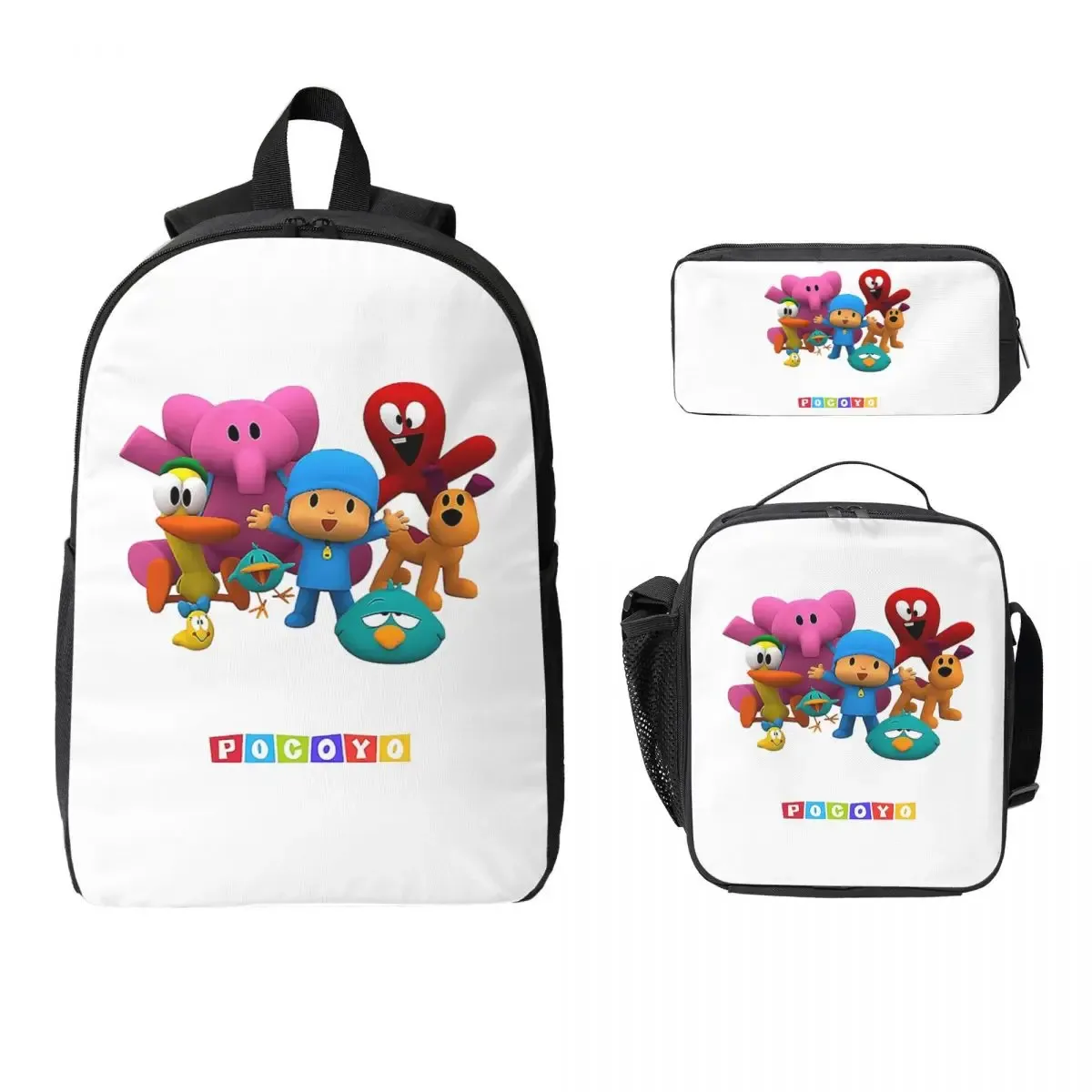 sac à dos bleu pocoyo pour enfants, sac à livres pour étudiants, sac d'école, sacs à bandoulière pour ordinateur, 3 pièces, sac à déjeuner isotherme, trousse à crayons