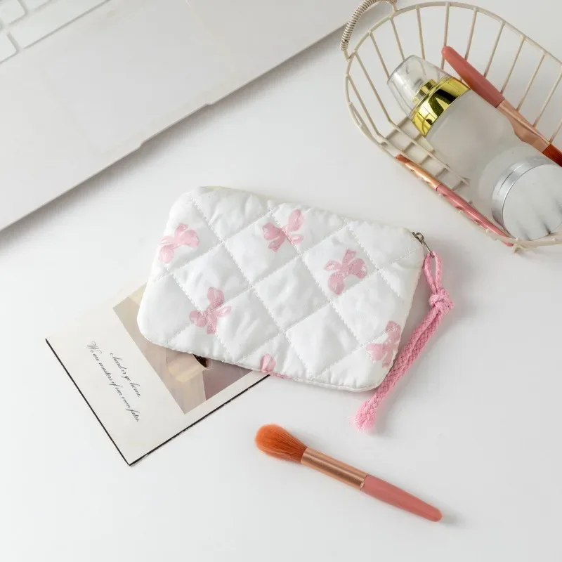 sac à cosmétiques avec nœud mignon, sac à cosmétiques à fermeture éclair pour femmes, petit étui de rangement pour rouge à lèvres, trousse de maquillage, sacs pour cartes de voyage pour dames