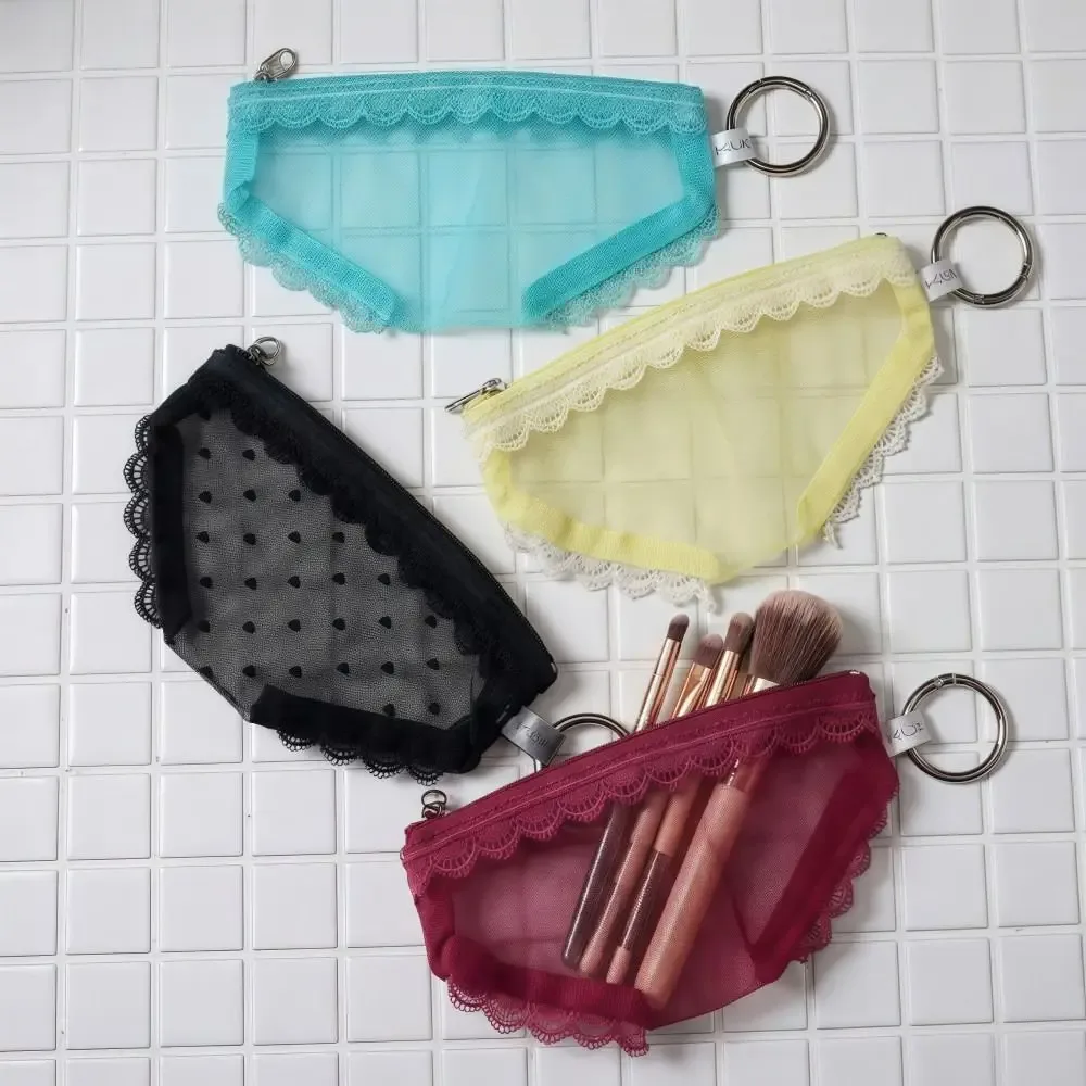 nouvelle trousse de toilette transparente en maille avec dentelle en forme de cœur y2k pour le rangement de maquillage et de cosmétiques en voyage