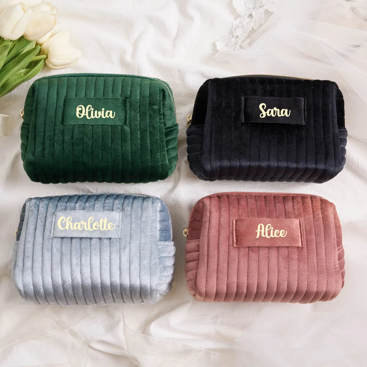 trousse de maquillage avec nom personnalisé, organisateur de voyage en velours de qualité supérieure, trousse de cosmétiques de toilette, cadeau de mariage personnalisé pour demoiselle d'honneur