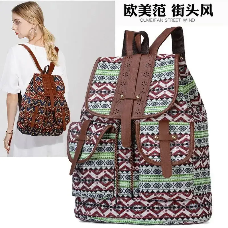 sac à dos tendance de grande capacité pour femmes, sac à dos décontracté avec cordon de serrage, motif géométrique, style national et exotique
