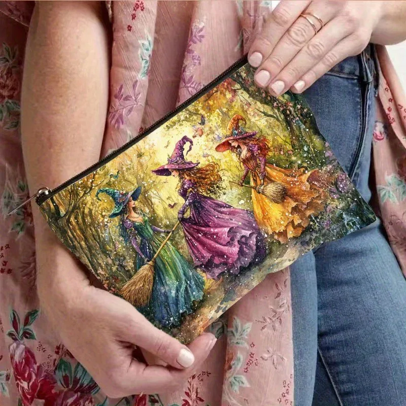 trousse de maquillage rétro en résine de sorcière, avec motif de forêt d'automne vibrante, fermeture à glissière sécurisée, sac de voyage multifonctionnel