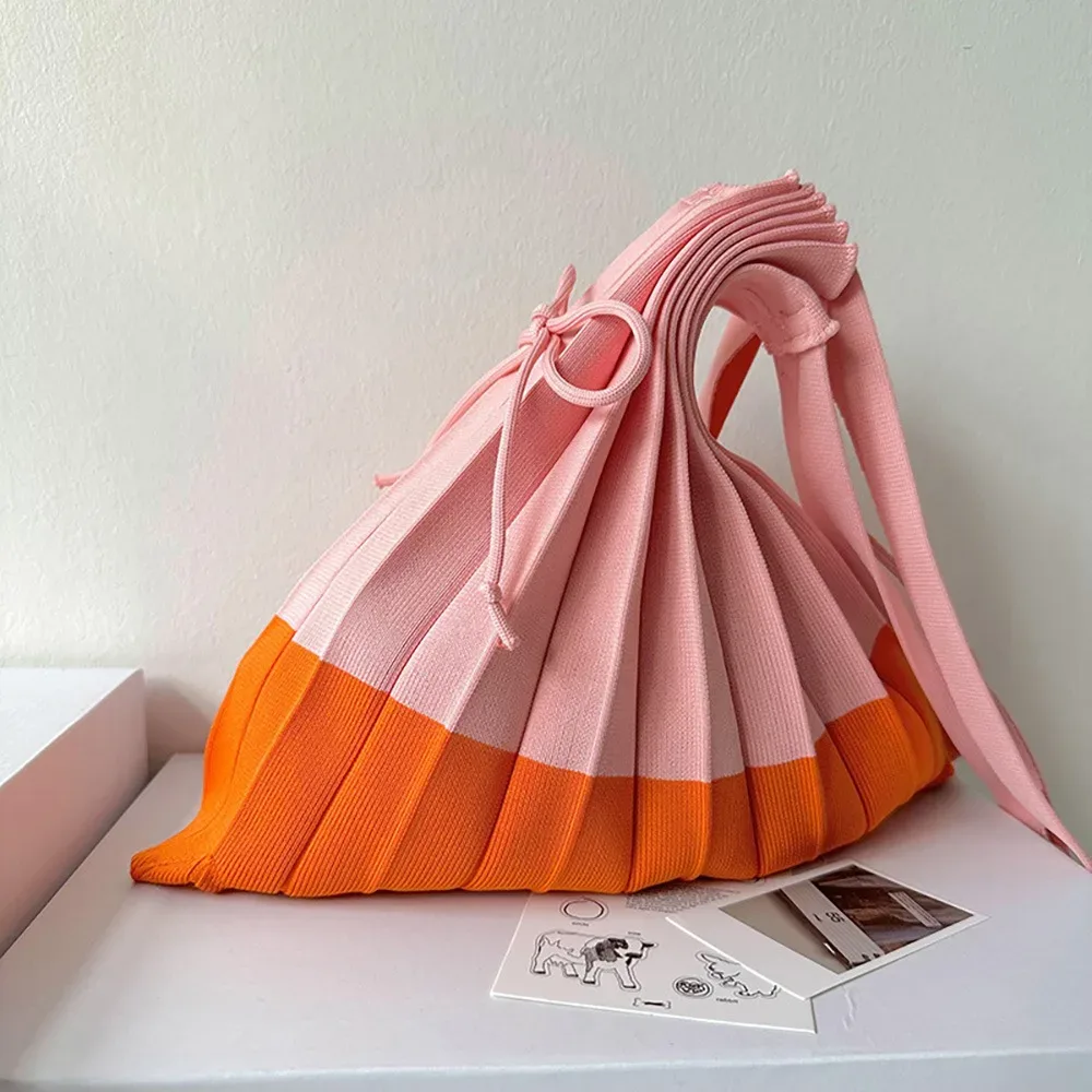 sac à main pliable en tricot, sac de shopping de grande capacité, pochette à bandoulière, sac écologique pliable, sac plissé de couleur contrastée, sac de voyage