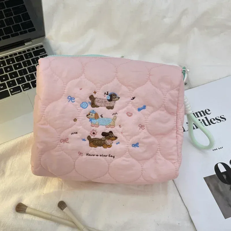 sac à cosmétiques matelassé brodé pour femme, sacs à main de rangement portables pour dame, trousse de maquillage mignonne, pochette avec poignée