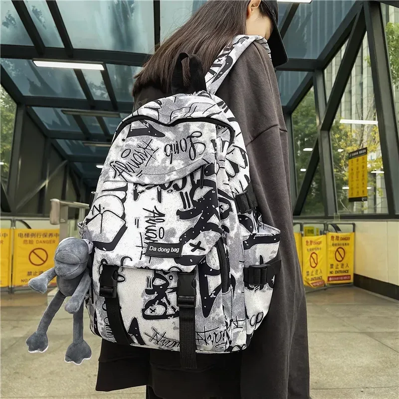 sac dos toile polyester camouflage géométrique brodé ceinture air black white blue voyage décontracté
