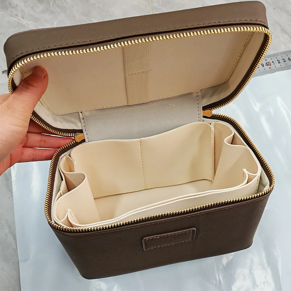 trousse de maquillage à main en pu avec compartiment, sac de maquillage portable en cuir de grande capacité, pochette cosmétique en cuir imperméable