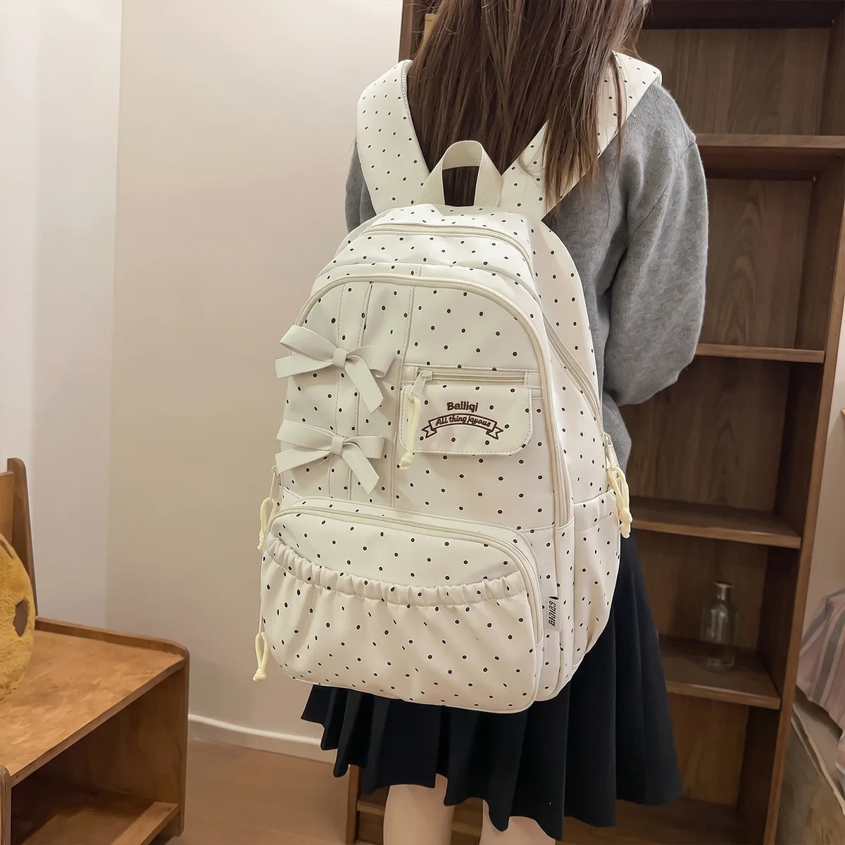 sac mignon et kawaii pour filles, sac à dos esthétique à pois et nœud, léger, multi-compartiments, bretelles respirantes