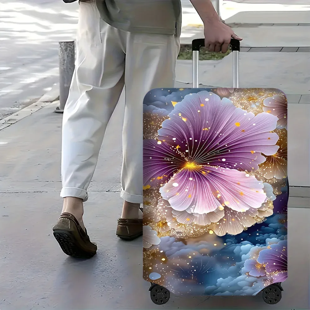 housse valise polyester motif floral violet bleu nuit fleur dorée protection voyage taille moyenne