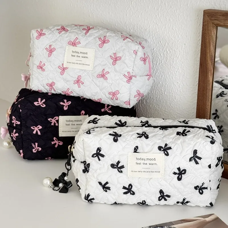pochette carrée pour femmes, sac de maquillage, portable, mignon, pochette de rangement de cosmétiques et de toilette, sac à main imprimé avec nœud, sac à fermeture éclair