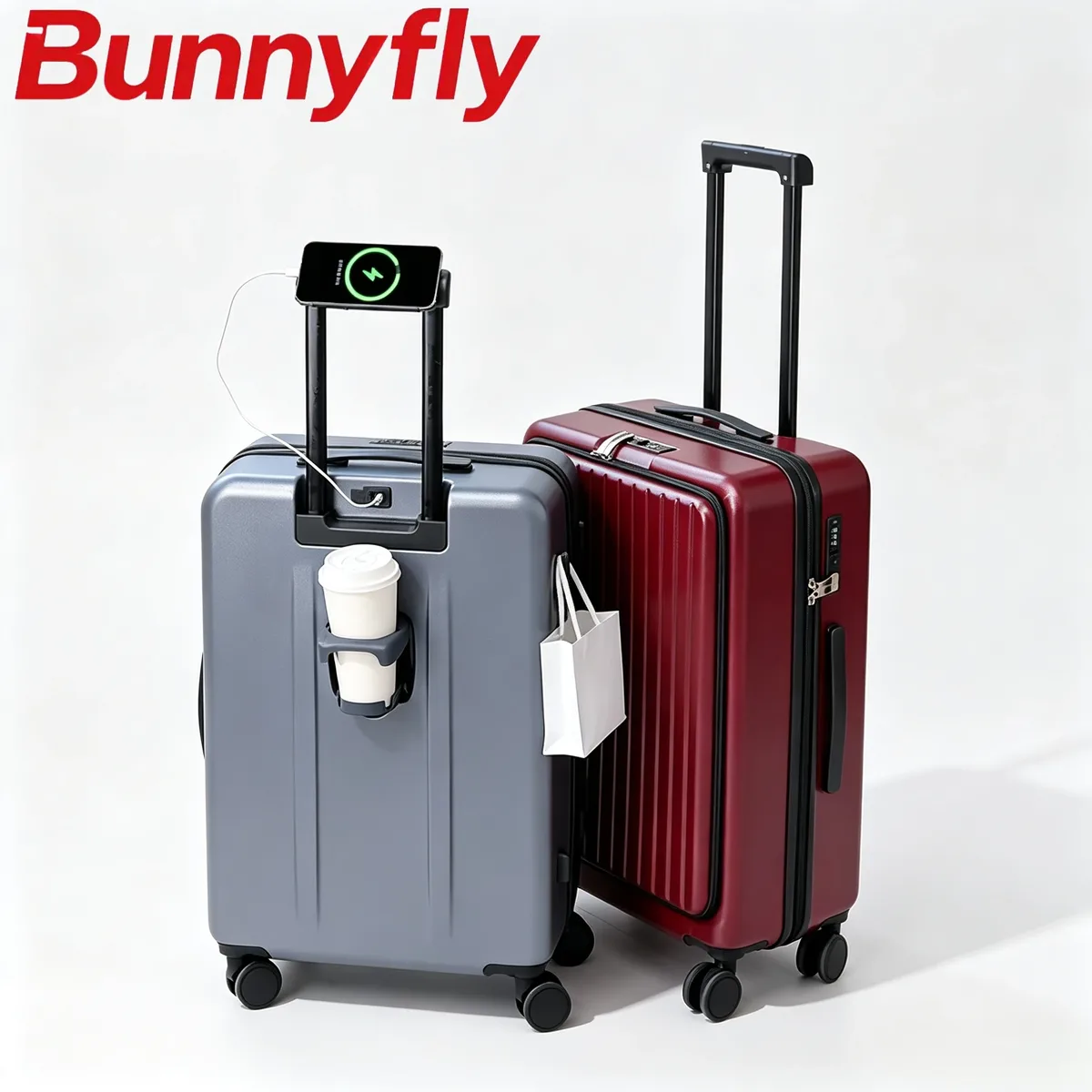 Valise à roulettes multifonctionnelle Bunnyfly avec port de charge USB, porte-gobelet, crochet pratique et ouverture frontale pour les voyages