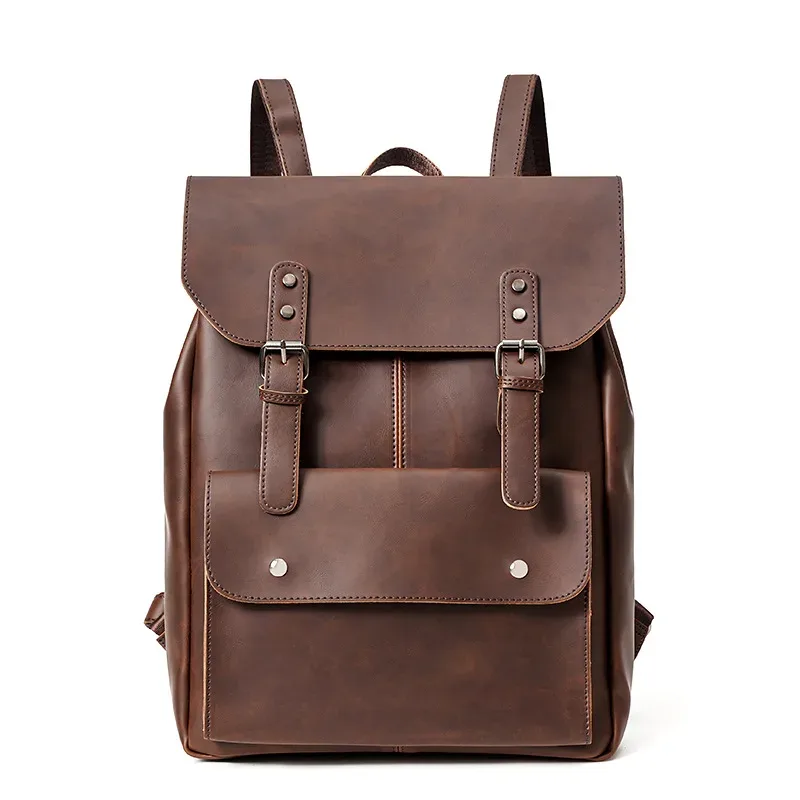 sac à dos en cuir vintage pour hommes, sac à livres, sac pour ordinateur portable de 14 pouces, imperméable, utilitaire, grande capacité, sac à dos pour la randonnée, le travail et les affaires.