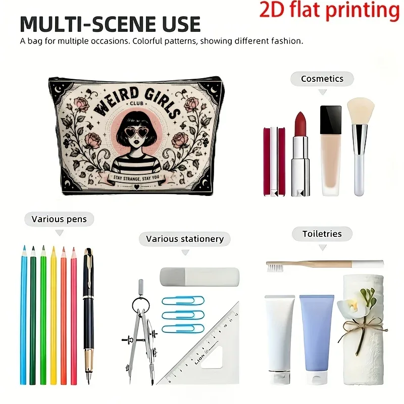 trousse de maquillage multifonctionnelle style rétro 'weird girls club' avec fermeture éclair, pliable, pour rangement de produits de beauté