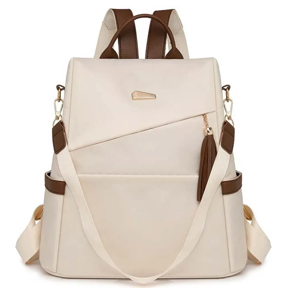 sac à dos en nylon de grande capacité pour femmes, sac à dos imperméable de couleur unie, doux au toucher, multi-poches, avec pompon décoratif, sac à dos antivol