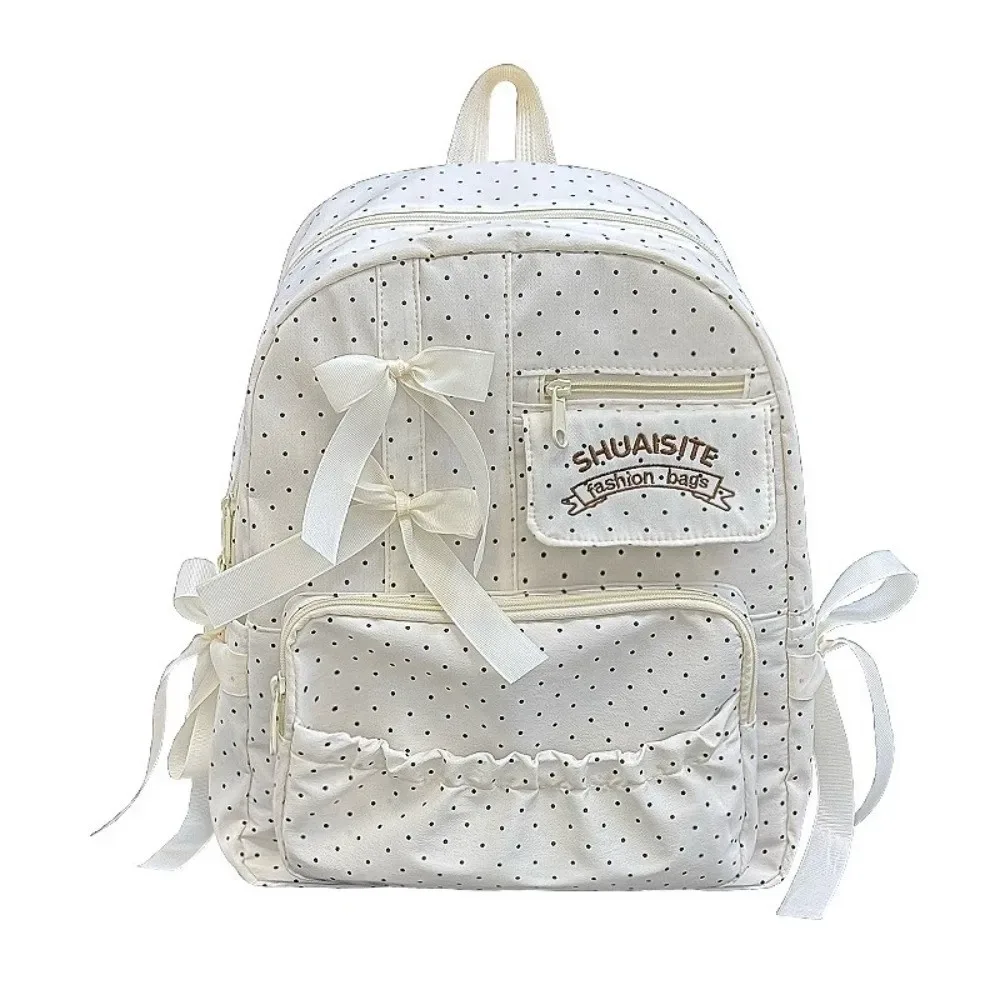 sac à dos en nylon à pois avec nœud, multi-compartiments, grande capacité, doublure en polyester, fermeture éclair, sac à dos de voyage