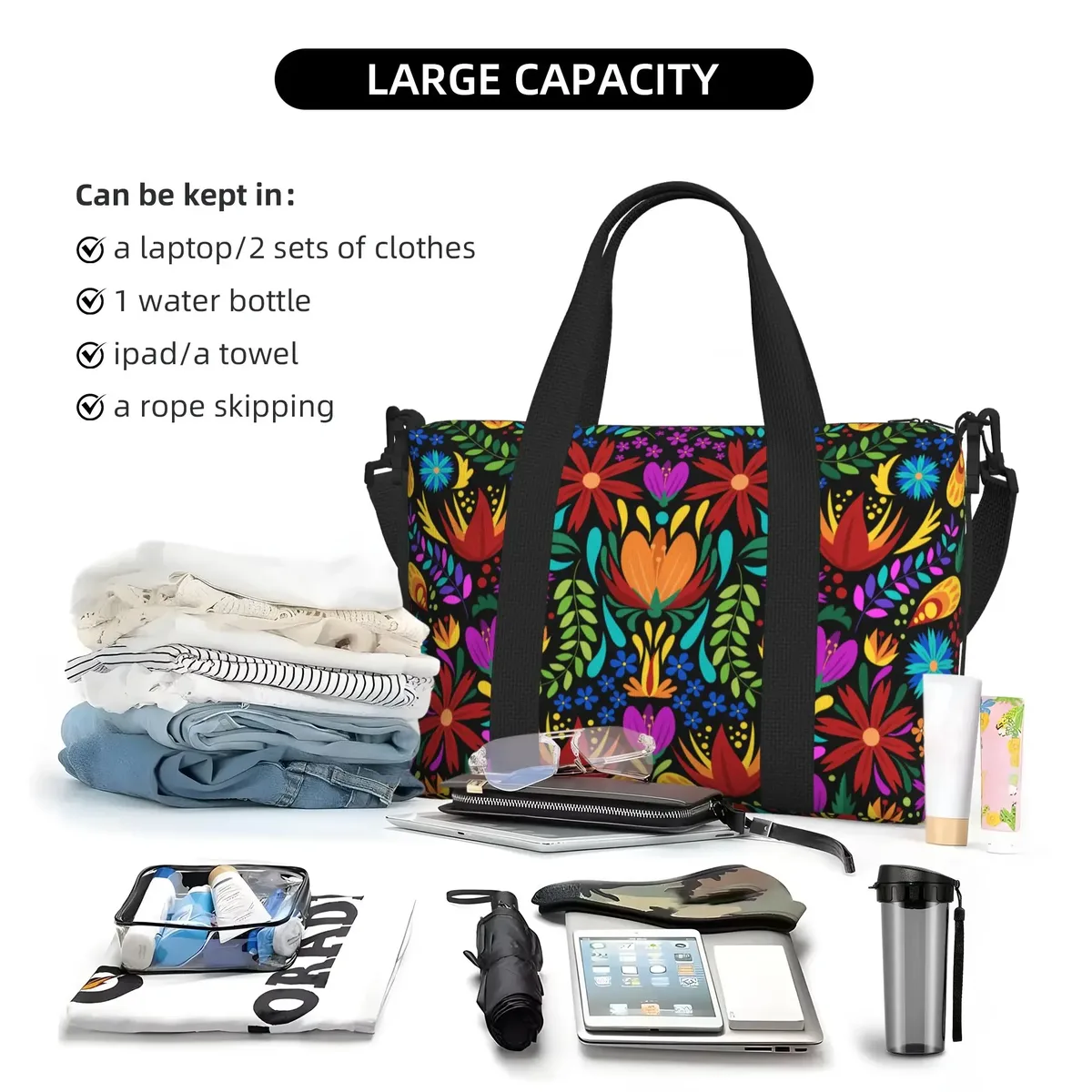 sac de voyage léger avec fleurs mexicaines, sacs de nuit pour week-end, fourre-tout boho art floral pour sport, gymnastique, yoga