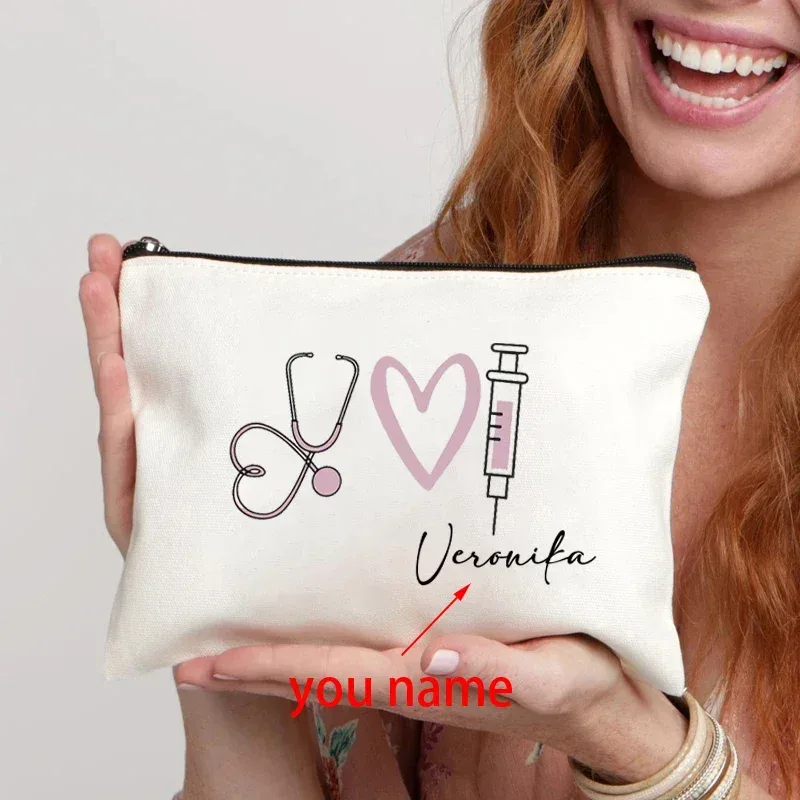 sac à lettres personnalisable, pochette pour infirmière, stéthoscope, seringue, imprimé cœur, sac cosmétique, sac de voyage réutilisable avec nom personnalisé