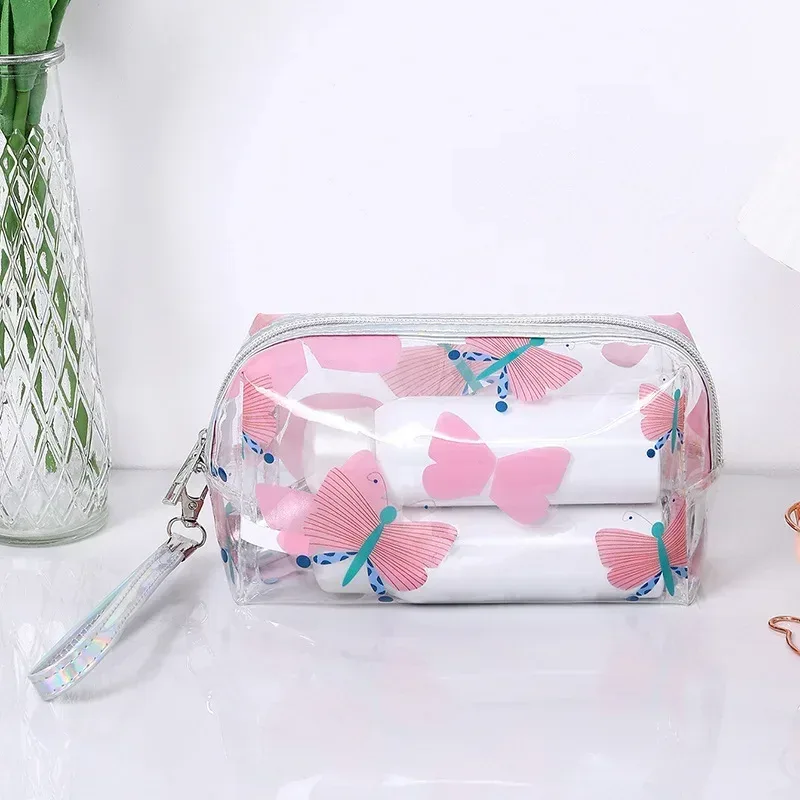 trousse de maquillage transparente étanche pour femmes et filles, trousse cosmétique de voyage, trousse de toilette, poudres transparentes, imprimé mignon, fleur d'avocat