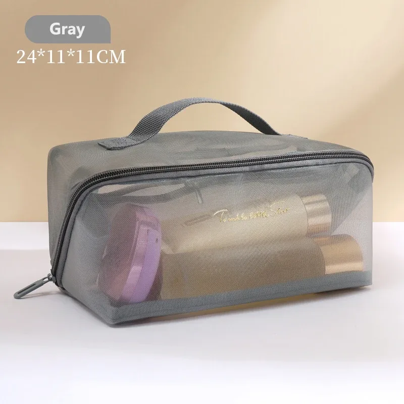 sac de rangement de maquillage en maille transparente, vente en gros, pochette de toilette de maquillage de voyage, sac de toilette, fourre-tout organisateur de cosmétiques, sacs à fermeture éclair