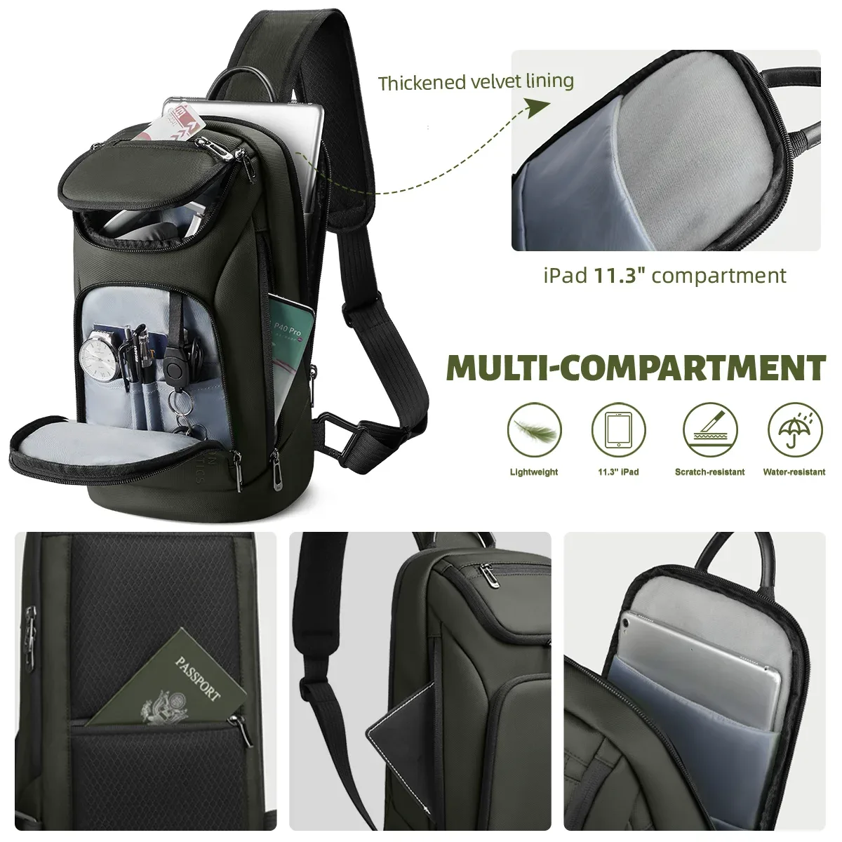 hk – sac à bandoulière multifonction pour hommes, sac à bandoulière étanche, adapté à l'ipad de 11 pouces, sac messager léger pour voyage et plein air