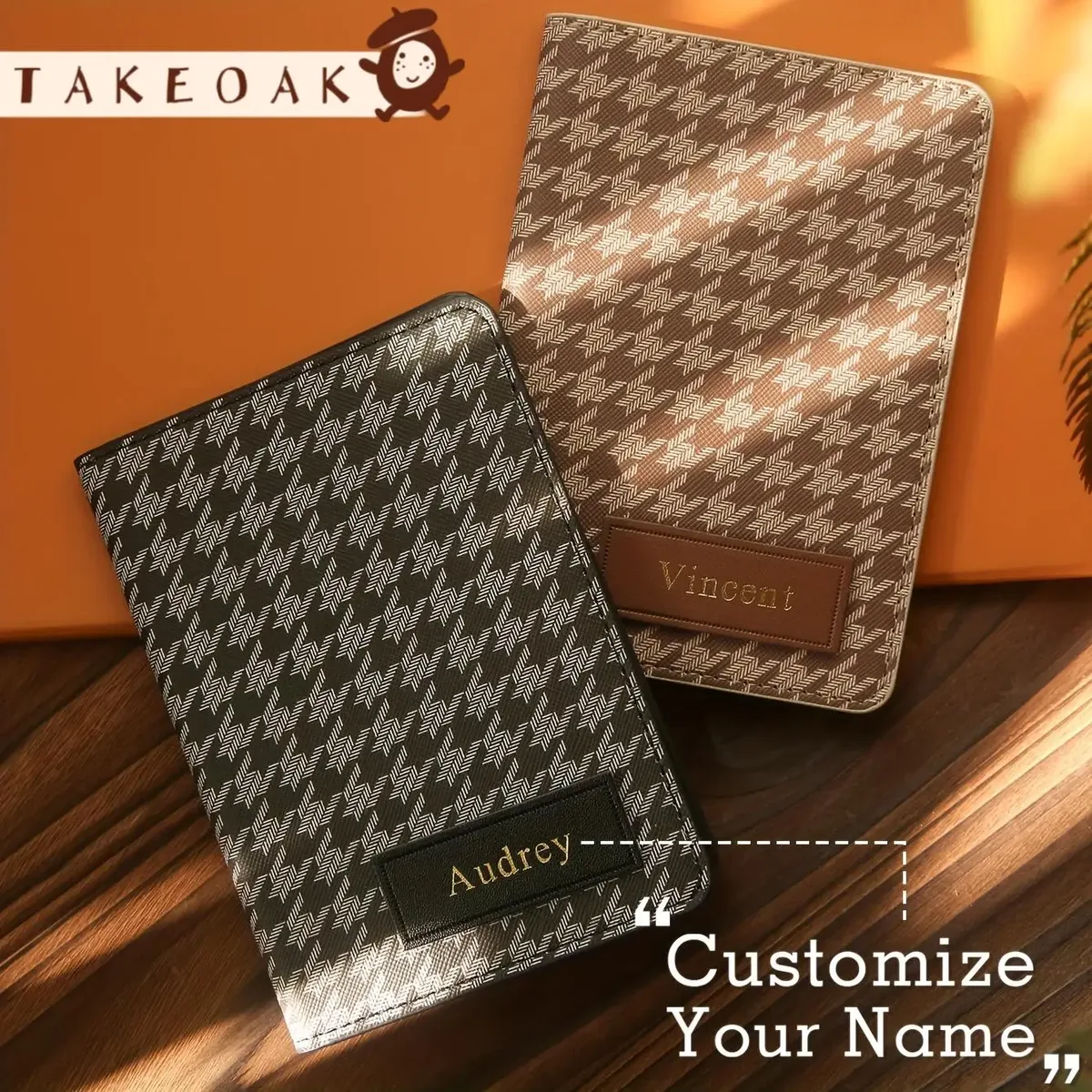 Housse de passeport en cuir PU à motif pied-de-poule avec estampage à chaud doré personnalisé, plusieurs emplacements pour cartes, porte-documents de voyage vintage de luxe