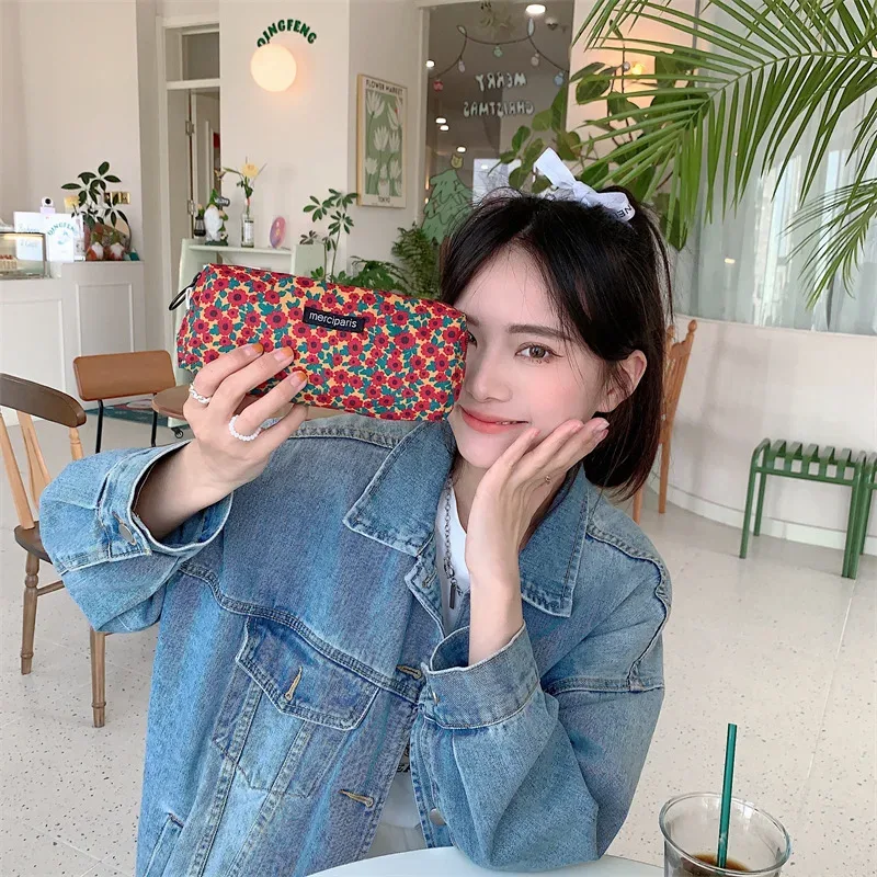 sac à main floral en velours côtelé pour femme, sac de rangement pour rouge à lèvres, sac à main kawaii, portefeuille de maquillage, trousse à crayons en poudre, sacs de voyage