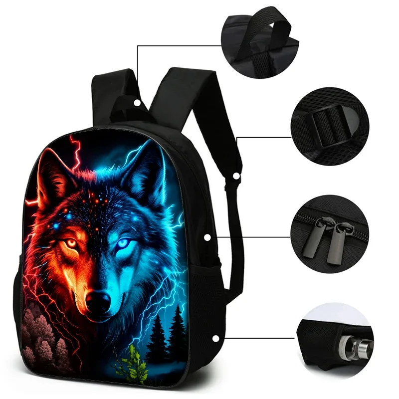 sac dos polyester loup yeux lumineux foudres forêt nocturne bleu rouge voyage décontracté jacquard