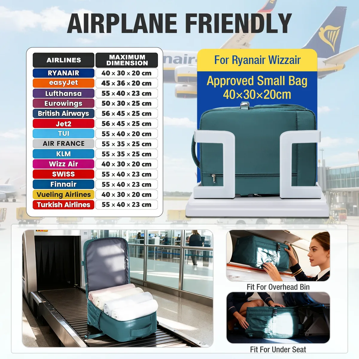 avion wizzair ryanair 40x30x20 sac à dos de voyage sac de cabine bagage à main sac à dos pour ordinateur portable sac à dos de direction d'affaires, sacs de voyage
