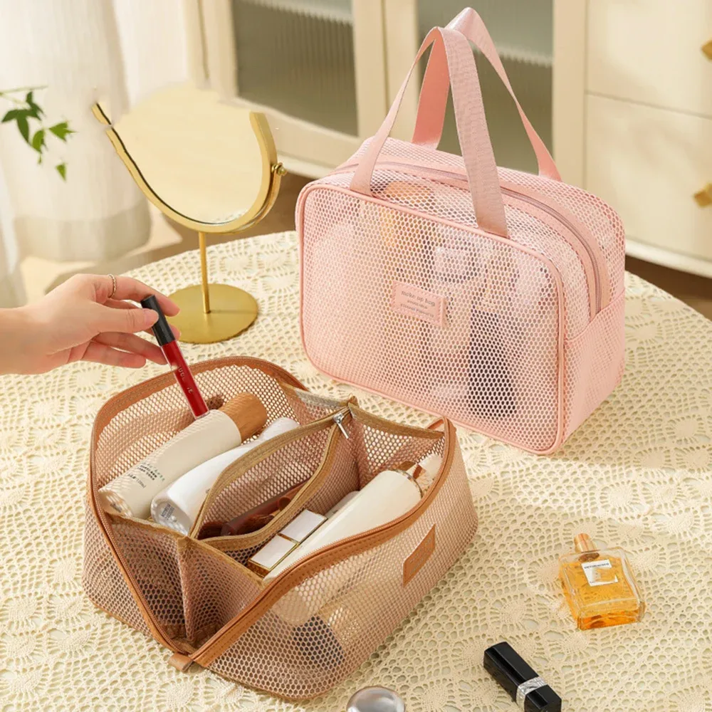 sac de rangement de maquillage fourre-tout transparent en maille simple, sac de toilette pour oreiller, sac de toilette pour cosmétiques, sac de rangement de voyage portable de grande capacité pour femmes