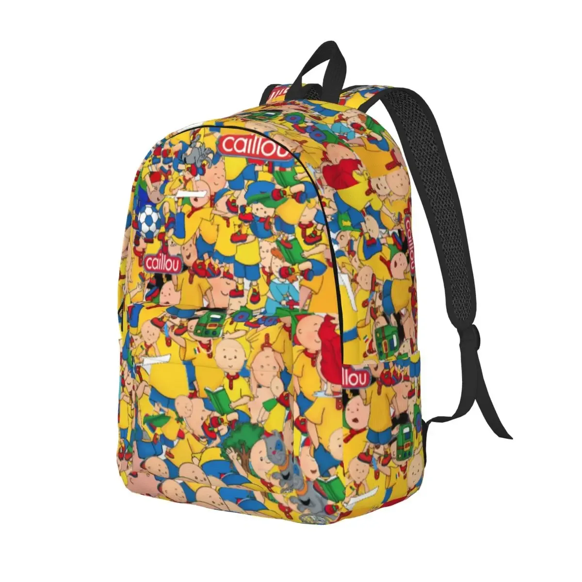 sac dos toile personnages animés jaune rouge bleu beige forme rectangulaire poignée noire travail ecole universite voyage famille