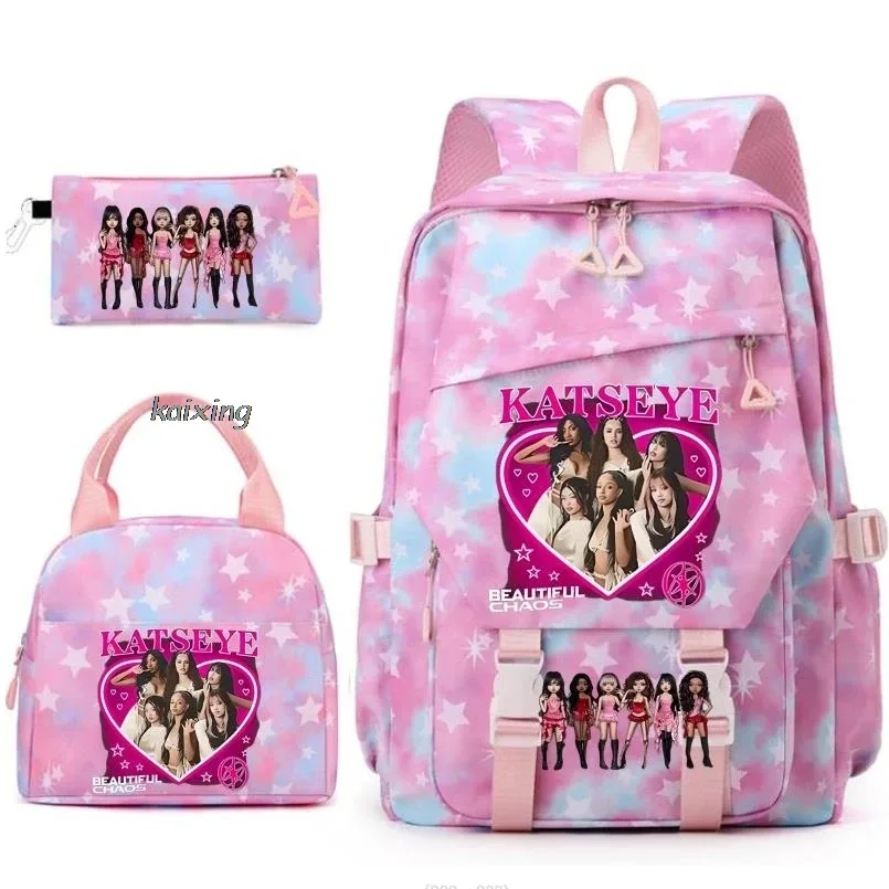 nouveaux sacs à dos katseye à imprimé amusant, 3 pièces/ensemble, sac d'école pour étudiants, sac de voyage pour adolescents, filles et garçons, sacs à lunch, sac à dos