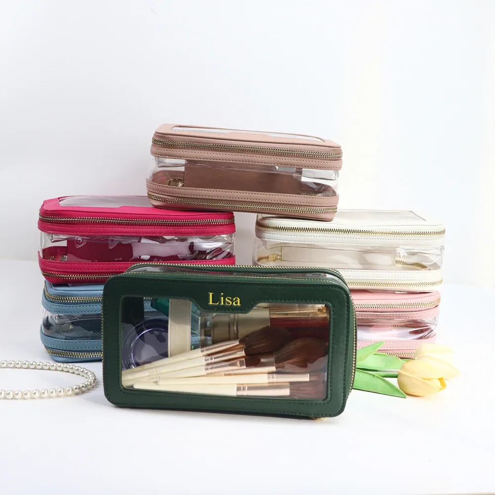 sac de toilette en cuir pu + tpu transparent avec nom personnalisé, trousse de maquillage portable de voyage, sac de rangement étanche de grande capacité
