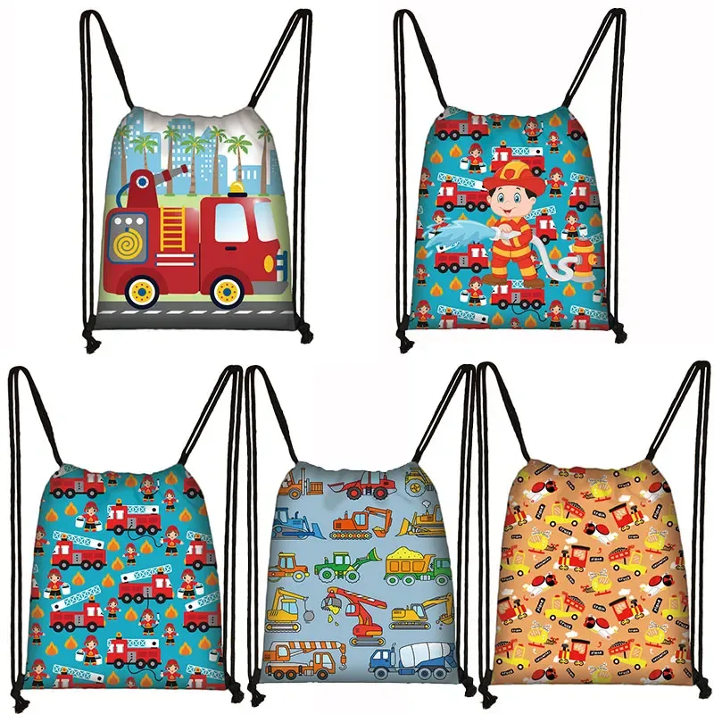 sacs à dos en toile de véhicule d'ingénierie pour adolescents, sac de rangement portable, impression de camion de pompier ebtractor cartoon, proximité wstring
