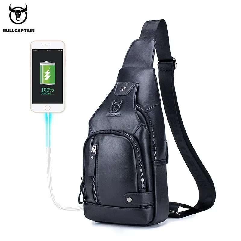 bullcaptain – sac de poitrine usb pour hommes, sacs à bandoulière 100% cuir véritable, sacoche multifonction de voyage et d'extérieur, sac messager à la mode