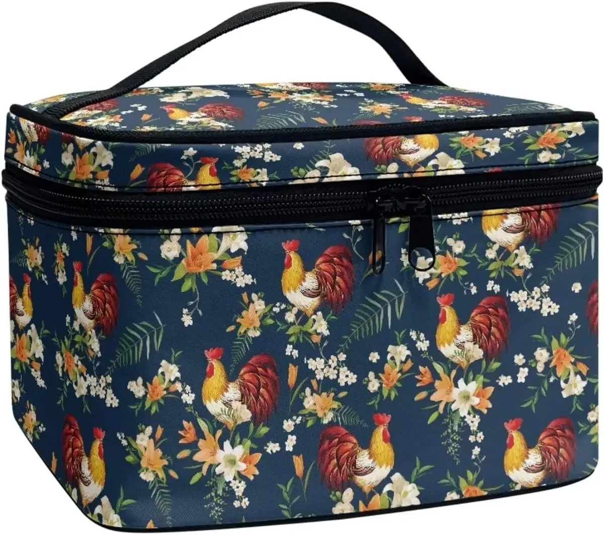 trousse polyester motif floral champignons poignée noire bleu jaune rouge vert voyage maquillage cosmétiques