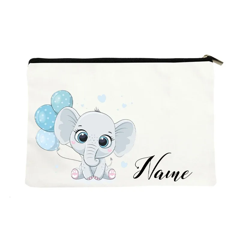 vente flash : grande trousse à maquillage en toile avec motif d'éléphant mignon, essentiels de voyage pour anniversaire d'enfants, trousse de maquillage avec nom personnalisé