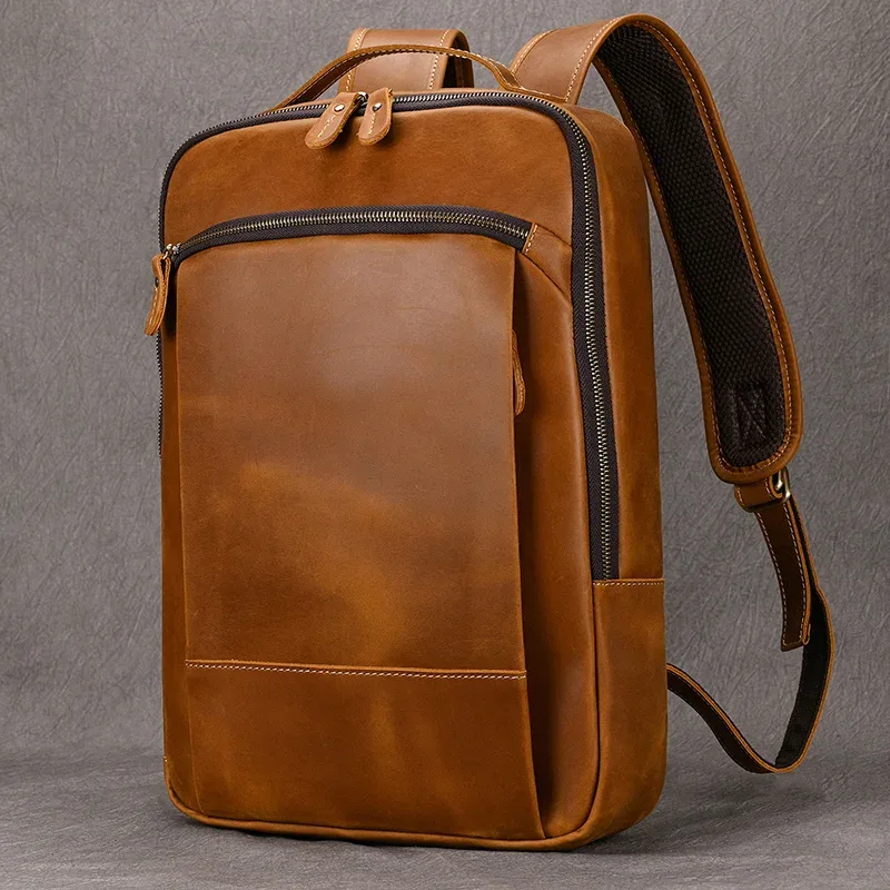 vintage hommes crazy horse cuir sac à dos en cuir véritable rétro sac à dos grand classique voyage sac à dos grand ordinateur portable sac d'ordinateur