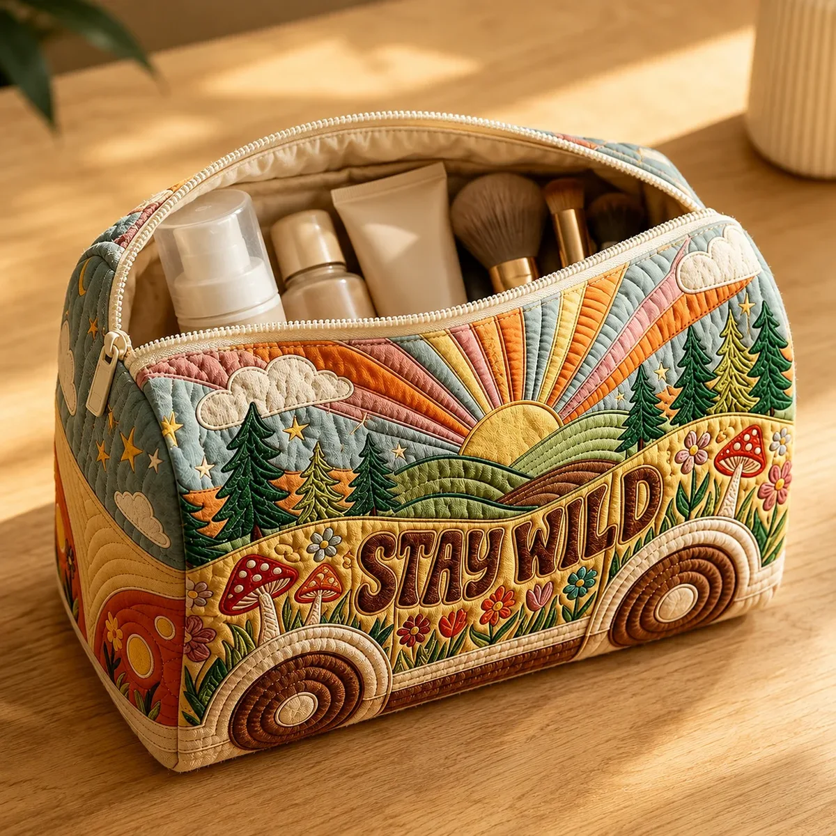 trousse de maquillage vintage imprimée, texture matelassée, pochette de maquillage rétro, organisateur de toilette de voyage van forest, étui de rangement à fermeture éclair pour femmes