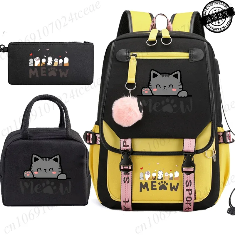 sac à dos scolaire pour adolescents, sac à dos quotidien pour étudiants, sac à dos pour filles, sac à dos scolaire à motif de chat noir, avec sac à lunch et trousse à crayons, 3 pièces/ensemble