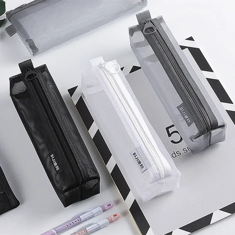 trousse de maquillage simple gris noir, grande capacité, sacs transparents pour pinceaux cosmétiques, trousse à crayons en nylon tridimensionnelle pour étudiants