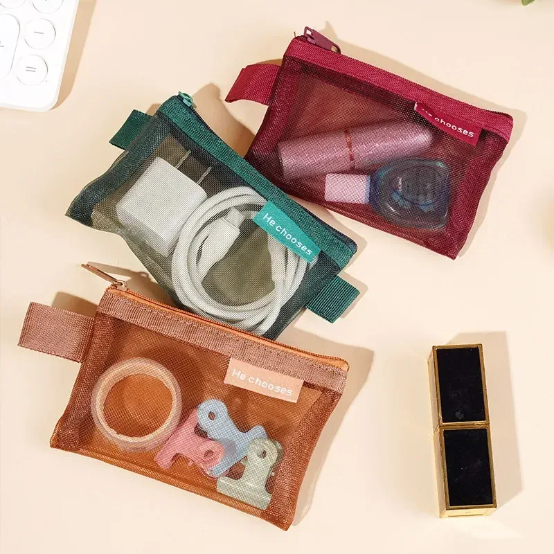 petit sac carré de couleur unie pour pièces de monnaie, maille en nylon, rouge à lèvres, clé, écouteurs, support organisateur, bus, banque, carte d'identité, cartes de crédit, pochette de rangement